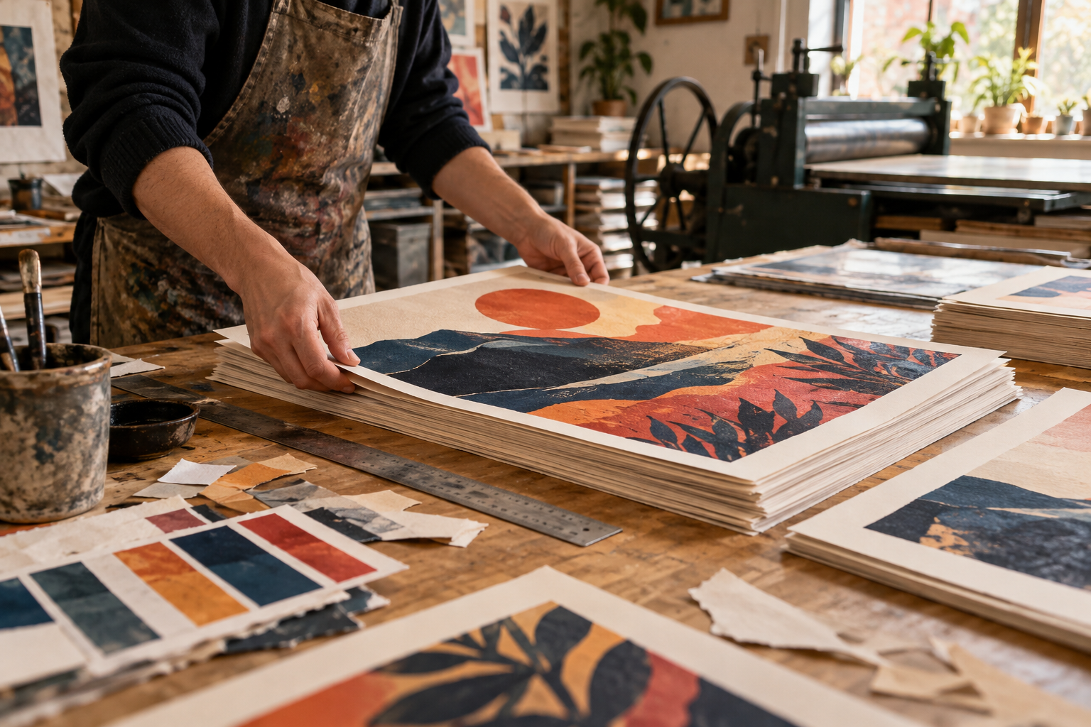 Printmaker arranging colourful posters in a working studio